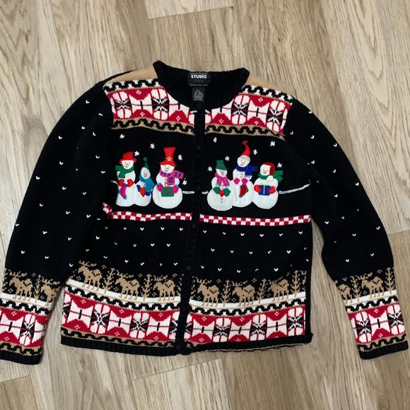 Vintage Sweaters - Vintage Christmas Snowman Reindeer Fair Aisle Cardigan - Petite Large